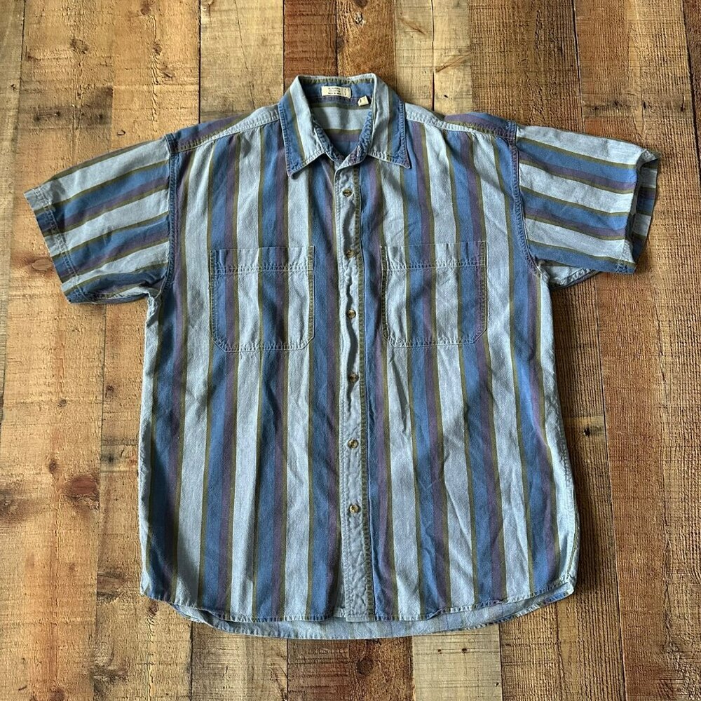All Natural Vintage Men's Size M Blue and Green Striped Short Sleeve Button Down